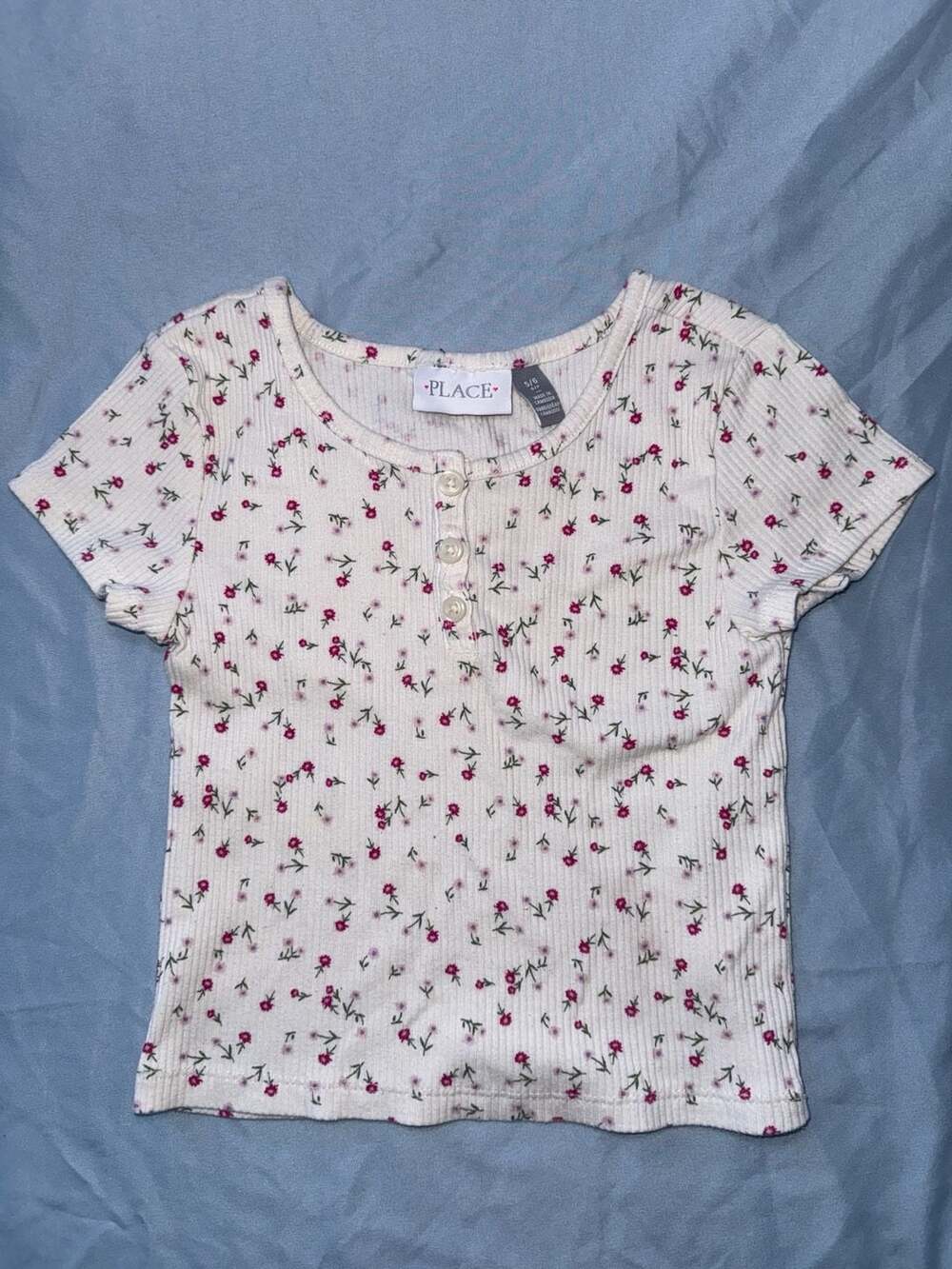 The Children's Place Girls Short Sleeve Floral Print Ribbed Henley Top